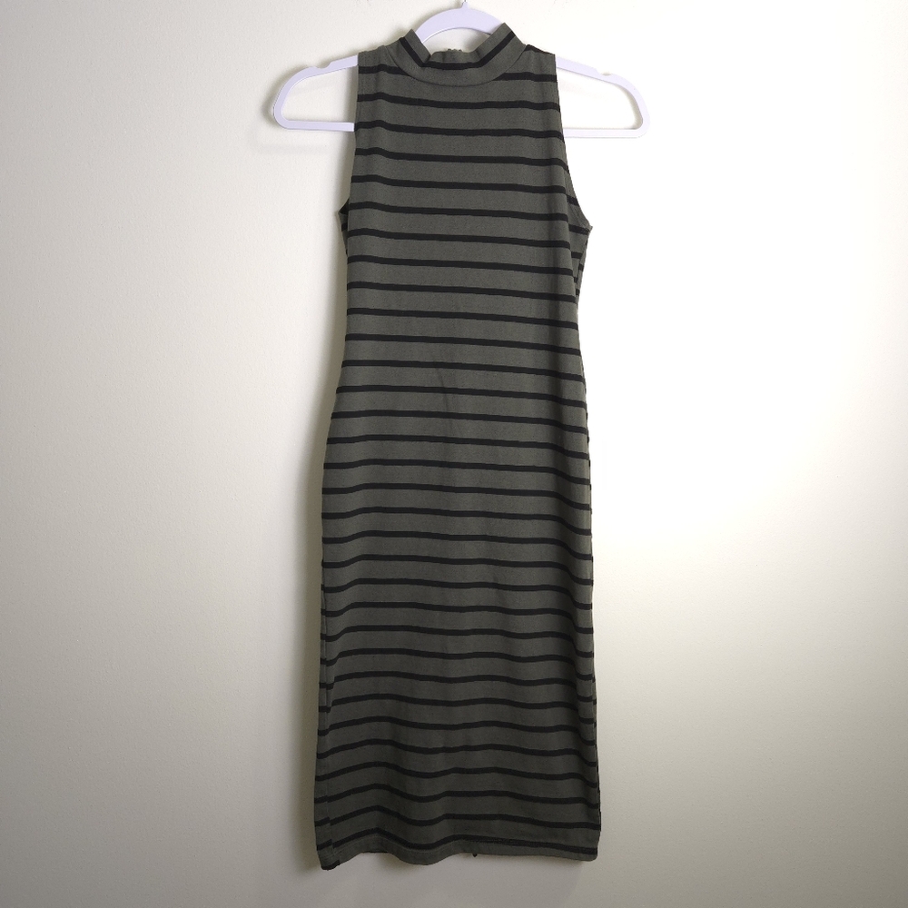 Monrow Holter Bodycon Olive Green Black Striped Cozy Comfy‎ Midi Dress XS